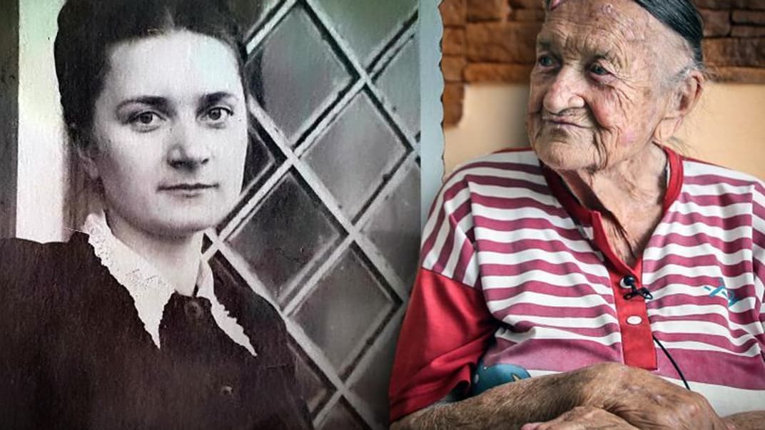 Колаж із двох портретів. Перший було зроблено в 1955 роців Мордовії в ув'язненні, другий — влітку 2020 року в рідному місті Ванди Горчинської — Копичинцях на Тернопільщині