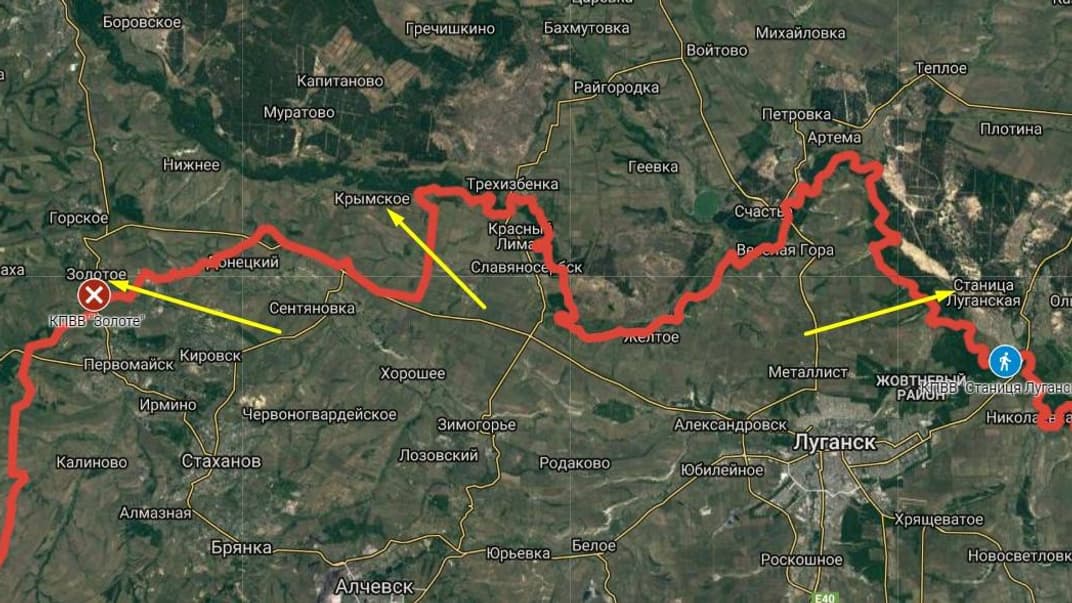 Червоним позначено лінію зіткнення на Донбасі