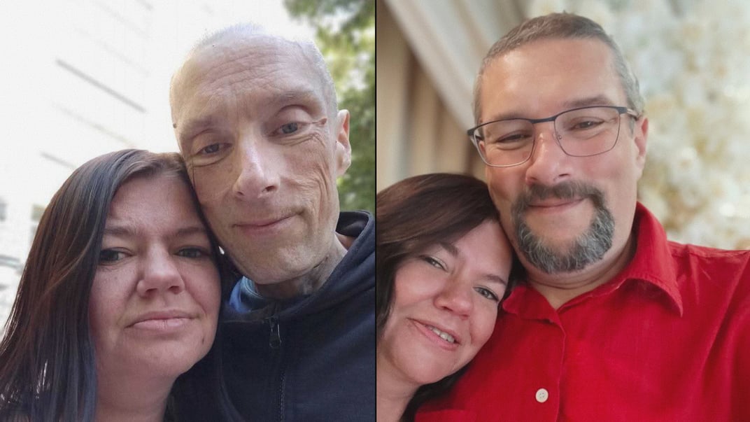 Олександр Страфун зі своєю коханою Оленою одразу після повернення з полону 14 червня 2025 року та в день одруження 30 серпня 2025 року