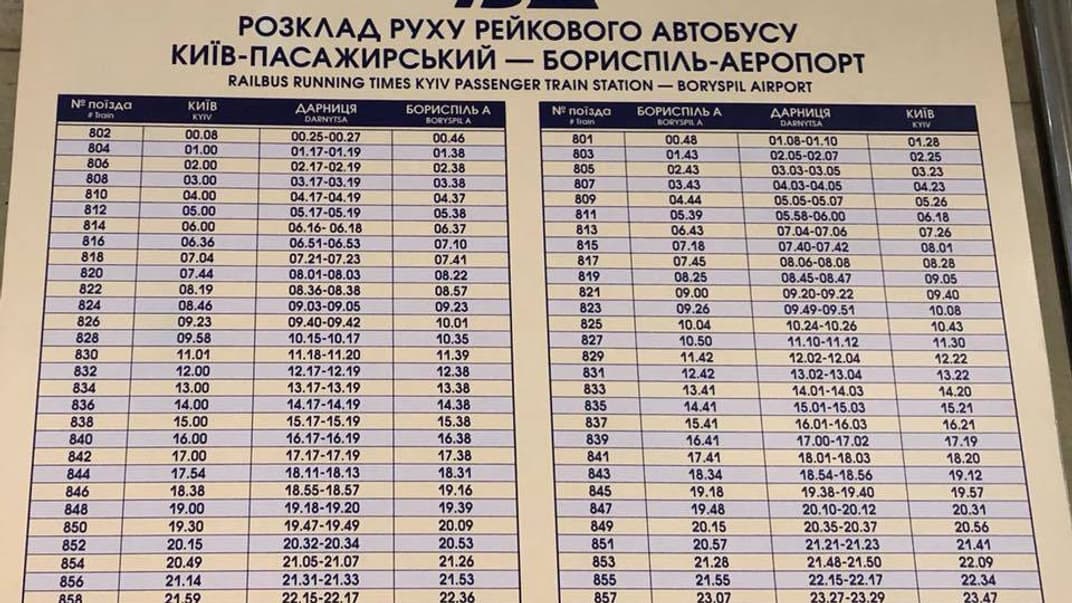 Розклад руху рейкового автобусу Київ-Бориспіль