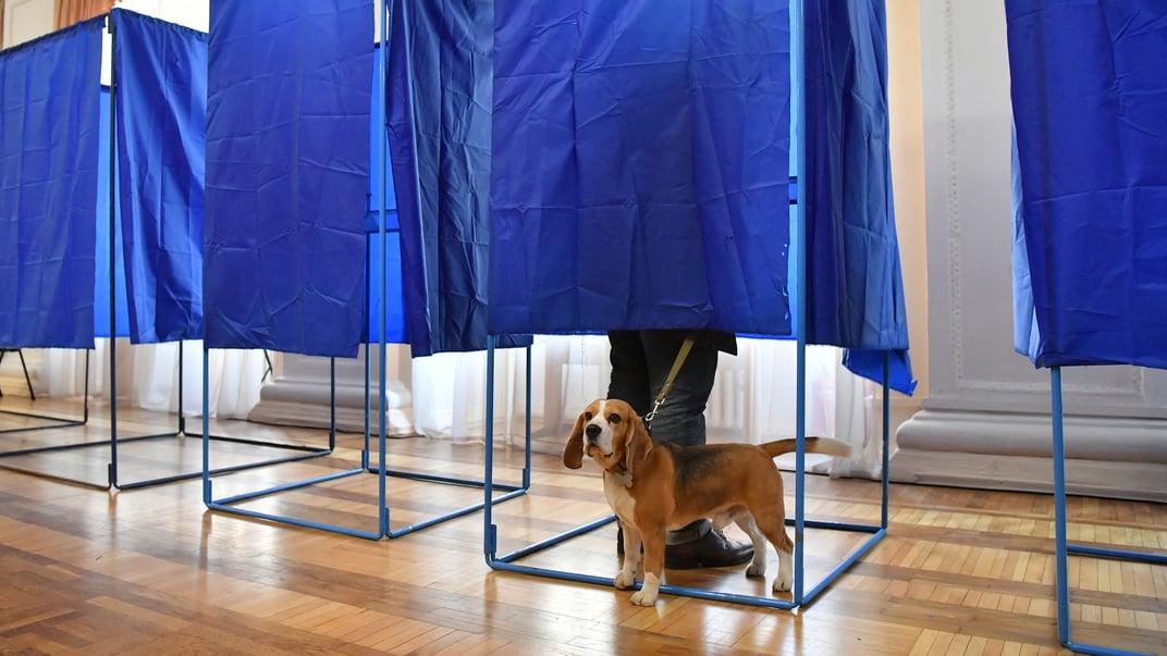 Виборець із собакою стоїть у кабінці для голосування на виборчій дільниці під час другого туру президентських виборів в Україні в Києві, 21 квітня 2019 року