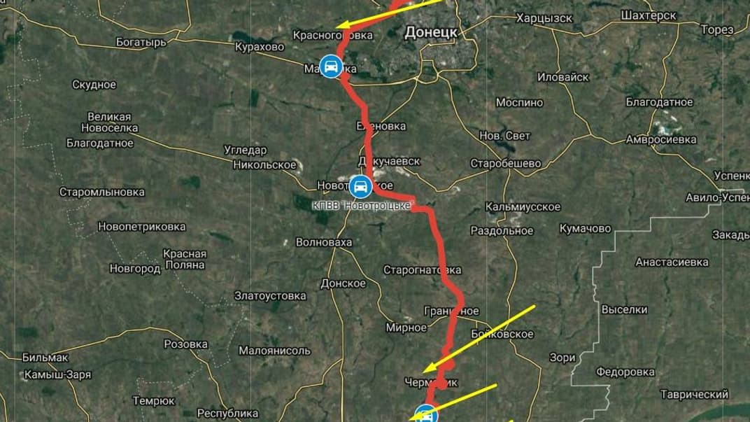 Червоним позначено лінію зіткнення на Донбасі