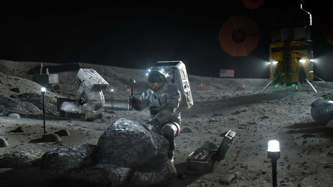 На цій ілюстрації, доступній NASA у квітні 2020 року, зображені астронавти програми «Артеміда» на Місяці. 30 квітня 2020 року NASA оголосило три компанії, які розроблятимуть, будуватимуть і здійснюватимуть польоти на Місяці з метою повернення астронавтів на Місяць до 2024 року