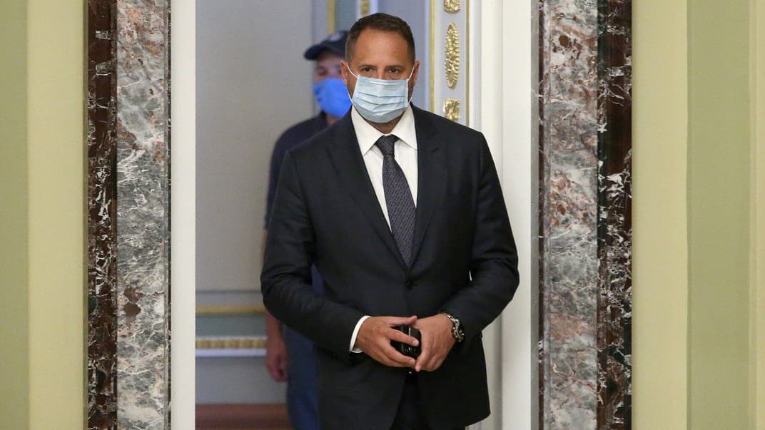 Керівник Офісу президента України Андрій Єрмак під час спільної пресконференції президента Швейцарської Конфедерації Симонетти Соммаруги та президент України Володимира Зеленського, Київ, 21 липня 2020 рік