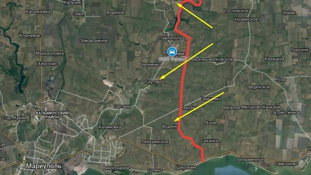 Червоним позначено лінію зіткнення на Донбасі