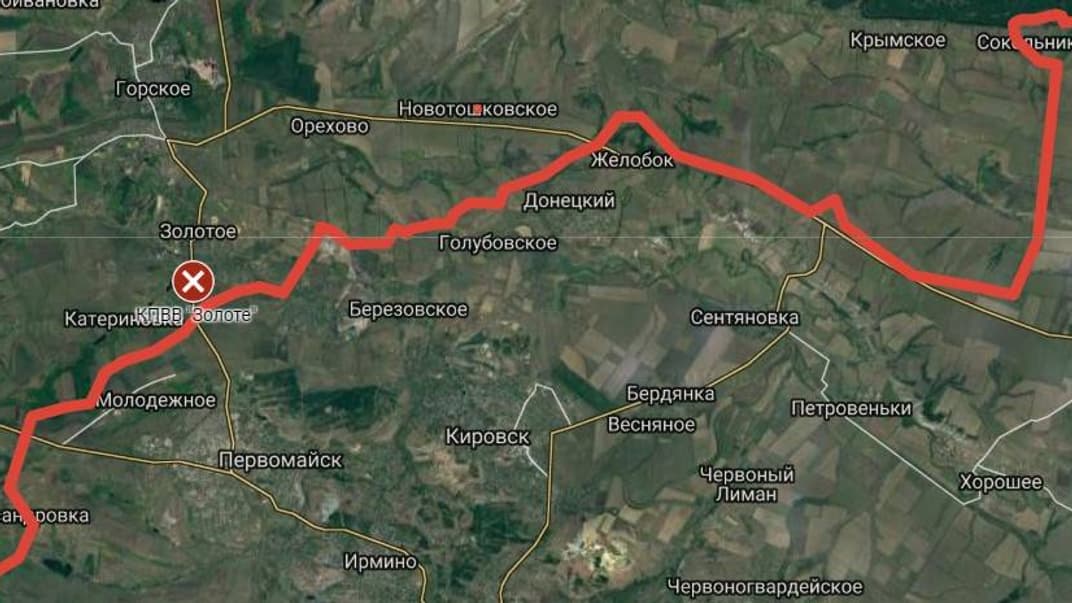 Червоним позначено лінію зіткнення на Донбасі