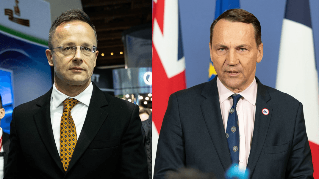 Колаж. Міністр закордонних справ Угорщини Петер Сіярто і його польський колега Радослав Сікорський