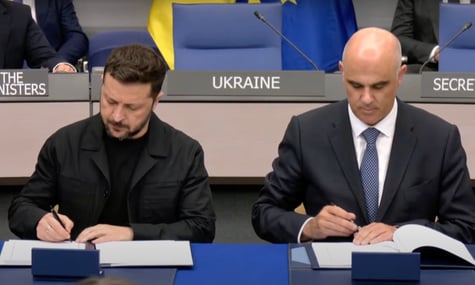 President of Ukraine Volodymyr Zelenskyy and Secretary General of the Council of Europe Alain Berset sign an agreement on the establishment of a Special Tribunal for Russia's crimes