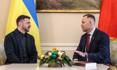 Президент Польщі Кароль Навроцький та президент України Володимир Зеленський під час зустрічі у Варшаві, 19 грудня 2025 року