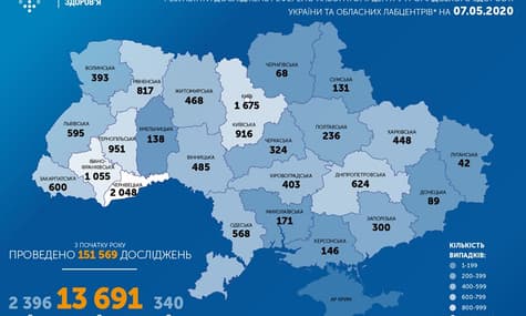 В Україні коронавірус виявили у 13 691 людини, померли — 340