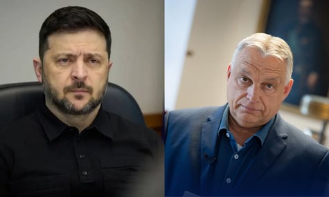 Колаж. Президент України Володимир Зеленський та прем’єр-міністр Угорщини Віктор Орбан Колаж. Президент України Володимир Зеленський та прем’єр-міністр Угорщини Віктор Орбан