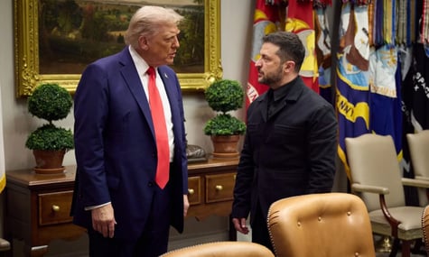 Президент США Дональд Трамп та його український колега Володимир Зеленський у Білому домі, 18 серпня 2025 року