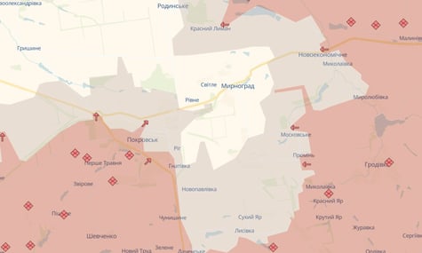 Покровськ та Мирноград на карті моніторингового ресурсу DeepState станом на 20 листопада 2025 року
