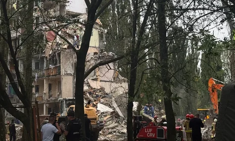 The section of a high-rise building destroyed by a Russian missile, Kyiv, July 31, 2025