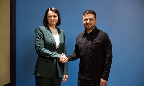 Ukrainian President Volodymyr Zelenskyy and Belarusian opposition leader Sviatlana Tsikhanouskaya