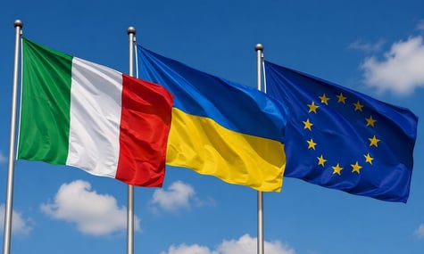 Ілюстративне фото. Прапори Італії, України та Європейського союзу