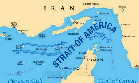 Фейкова мапа, на якій Ормузька протока підписана «Американською протокою» Фейкова мапа, на якій Ормузька протока підписана «Американською протокою»