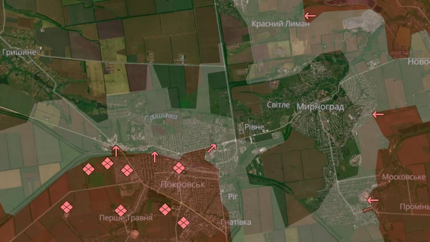 Ця карта показує просування військ рф на Покровському напрямку, за версією аналітичного проєкту DeepStateMAP