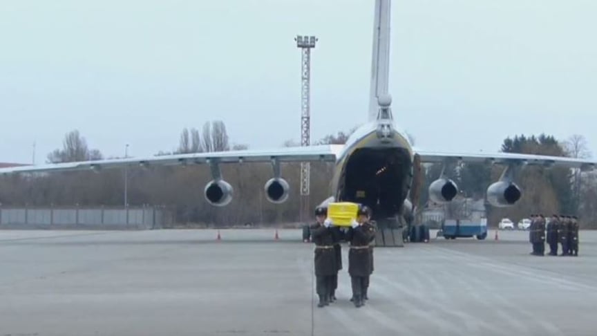 Military personnel carry the coffin of one of the slain PS752 victims in Boryspil, Ukraine. January 19, 2020