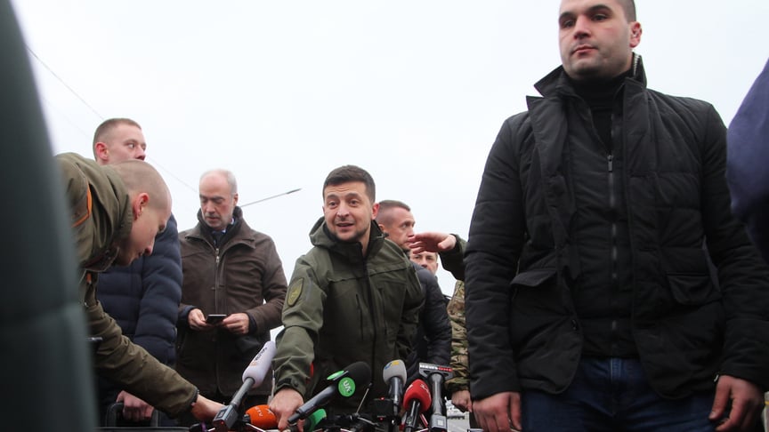 President of Ukraine Volodymyr Zelenskyy speaks to the press in Stanytsia Luhanska, Luhansk region on November 20.