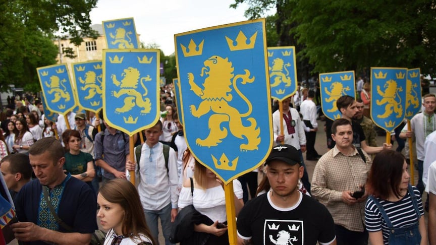 Учасники «Маршу величі духу», в рамках святкування 75-ї річниці з дня створення дивізії СС «Галичина», у Львові, 28 квітня 2018 рік