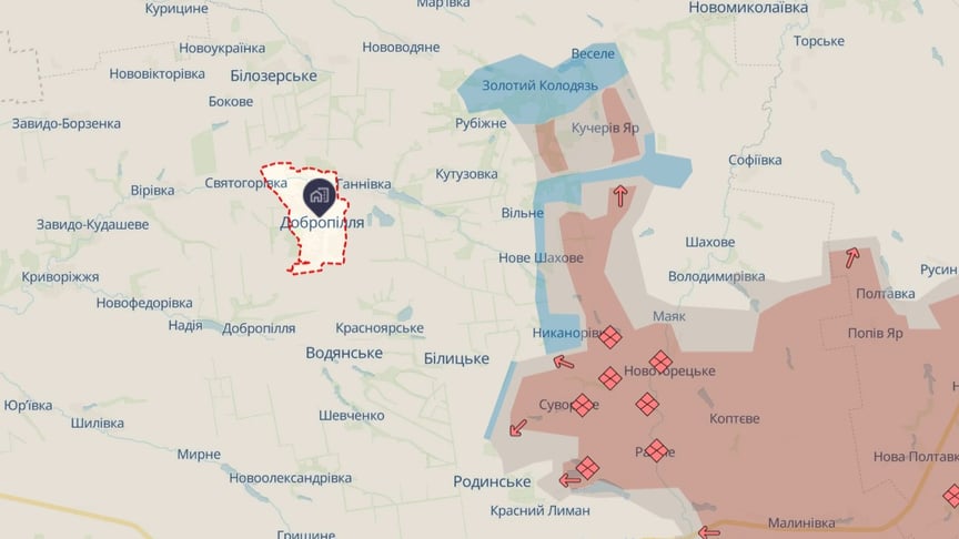 Прорив росіян біля Добропілля (синім показано території, які українські військові звільнили внаслідок контратак) Прорив росіян біля Добропілля (синім показано території, які українські військові звільнили внаслідок контратак)