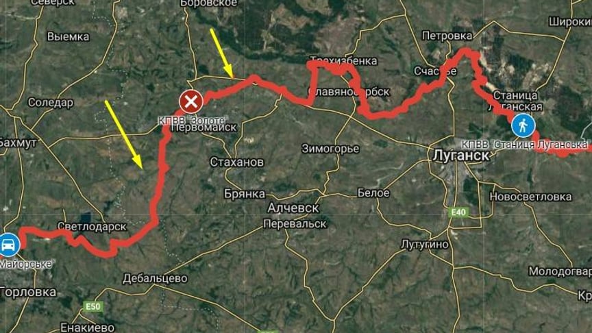 Червоним позначено лінію зіткнення на Донбасі