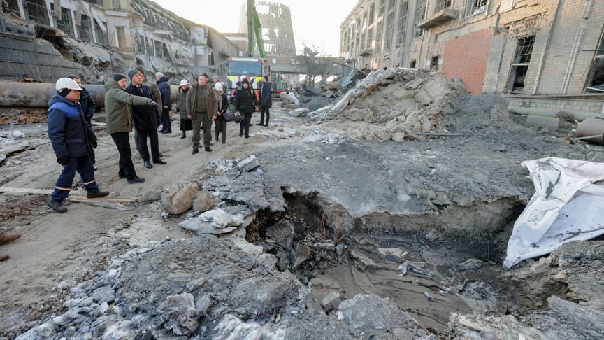 Energy Minister Denys Shmyhal shows NATO Secretary General Mark Rutte one of the Kyiv CHP plants that Russia attacked overnight into February 3