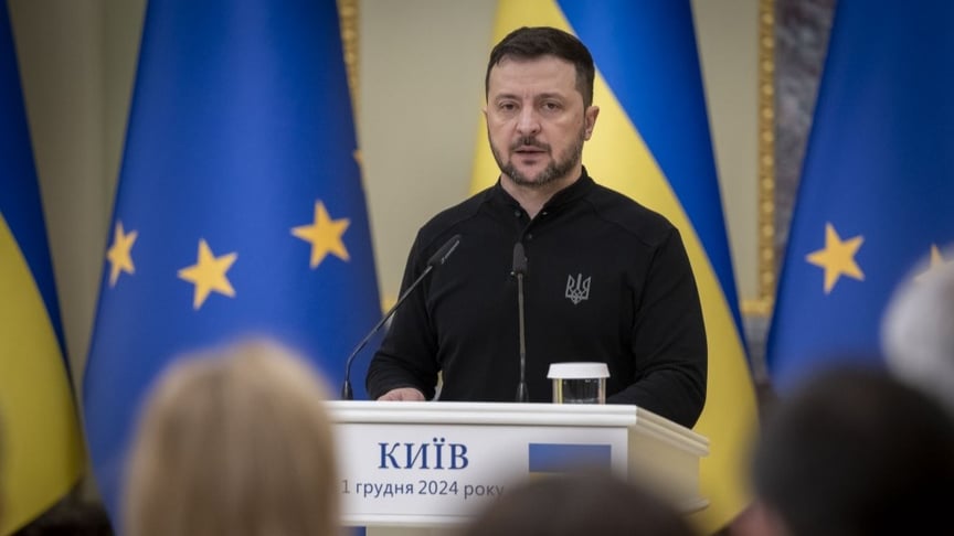 Президент Володимир Зеленський на пресконференції після зустрічі з новим главою Європейської ради Антоніу Коштою, 1 грудня 2024 року
