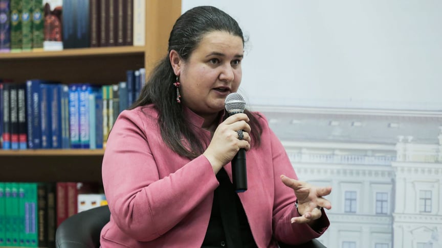 Ukrainian Finance Minister Oksana Markarova speaks during Hromadske International’s 5th Anniversary "What’s Next Discussion" on November 20 at the Diplomatic Academy in Kyiv, Ukraine.