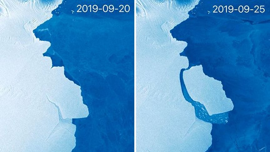 Знімки шельфового льодовика Еймері із супутника Sentinel-1 20 та 25 вересня