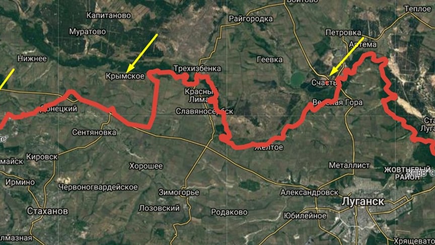 Червоним позначено лінію зіткнення на Донбасі