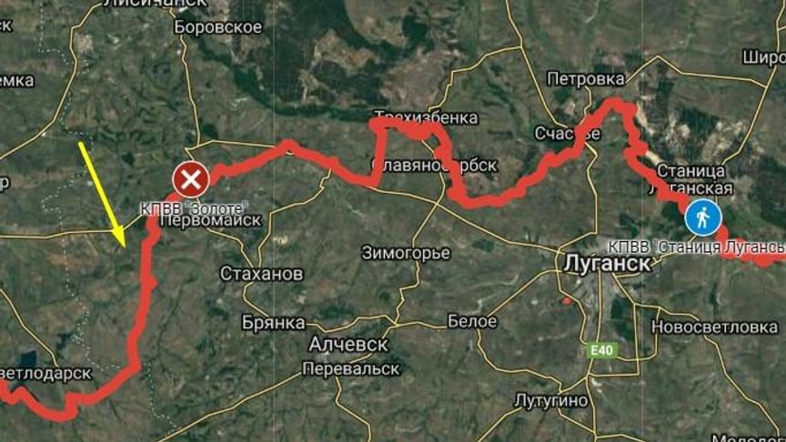 Червоним позначено лінію зіткнення на Донбасі