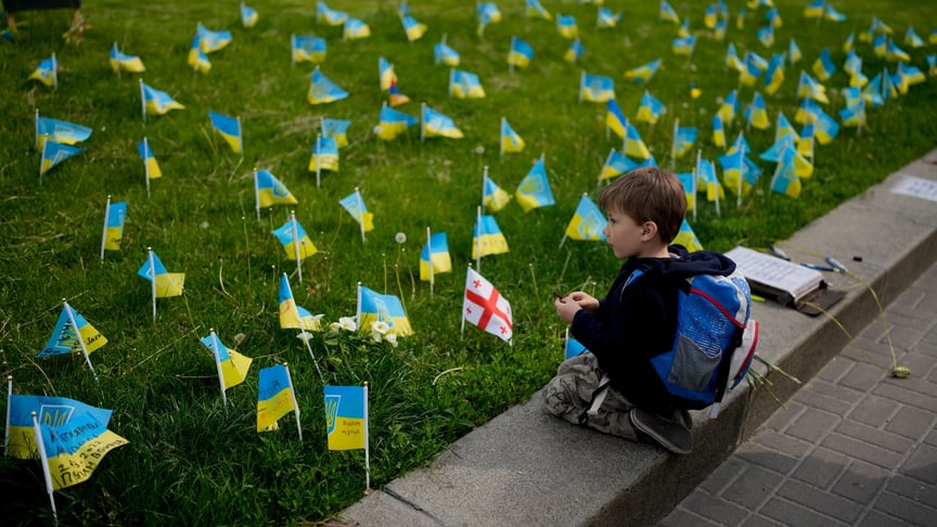 Хлопчик дивиться на прапори на честь воїнів, загиблих у війні проти росії, Київ, 23 травня 2022 року