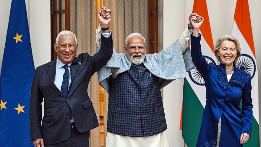 Прем'єр-міністр Індії Нарендра Моді (у центрі) з президентом Євроради Антоніо Коiтою (ліворуч) та президентrj. Єврокомісії Урсулою фон дер Ляєн у Хайдарабад-Хаусі в Нью-Делі, Індія, у вівторок, 27 січня 2026 року