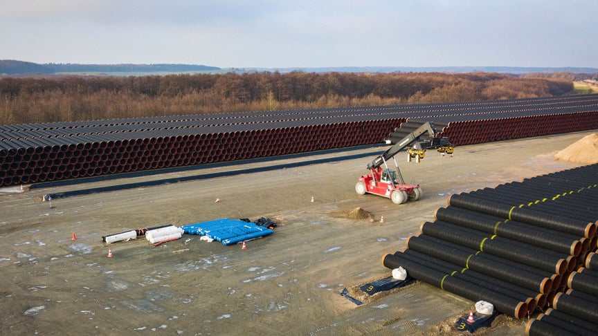 Nord Stream 2 pipes laid out for storage in the island of Rügen on February 28, 2018.