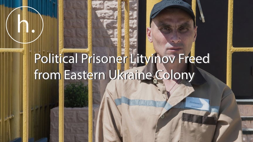 Ukrainian political prisoner Serhiy Litvinov speaks to journalists after his release from a penal colony in Kharkiv, eastern Ukraine on July 13.