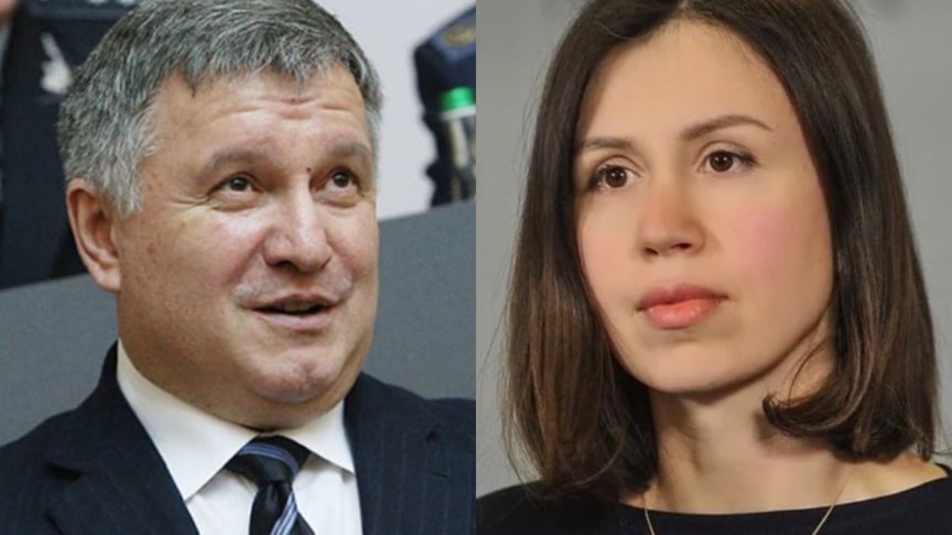 Ukraine's interior minister Arsen Avakov (L) and former Ukrainian MP Tetiana Chornovol who is now accused of murdering a man during the 2013-2014 Euromaidan protests.