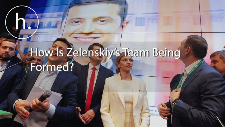 Ukrainian presidential candidate Volodymyr Zelenskiy (C) with his wife and members of his team at the headquarters after the exit poll has been announced, Kyiv, April 21, 2019