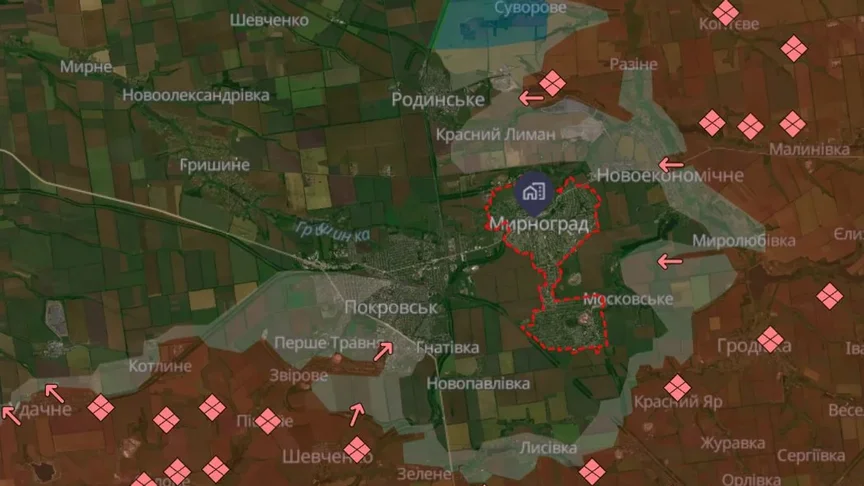 Ця карта демонструє просування російсько-окупаційних військ поблизу Мирнограда та Покровська
