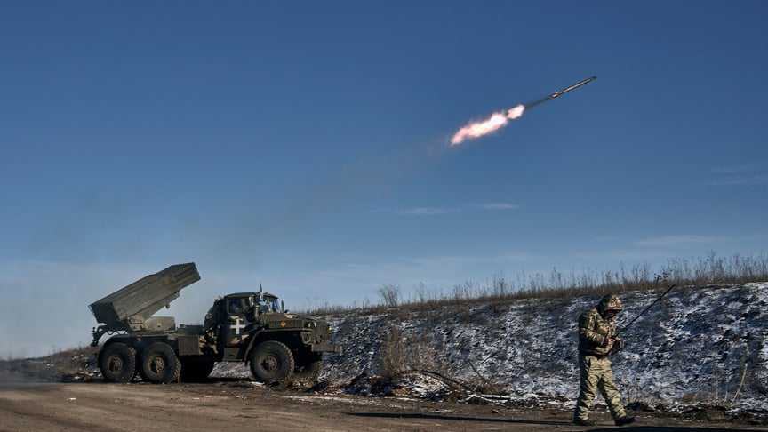 The Ukrainian army fires a Grad multiple rocket launcher at Russian positions on the front line near Soledar, Donetsk Oblast, January 11, 2023
