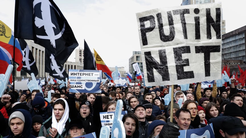 People attend an opposition rally in Moscow, Russia on March 10, 2019. Participants in the rally are protesting against the bill about sovereign RuNet and censorship on the Internet.