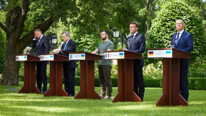 President of France Emmanuel Macron, Chancellor of Germany Olaf Scholz, Prime Minister of Italy Mario Draghi, President of Ukraine Volodymyr Zelensky and President of Romania Klaus Iohannis