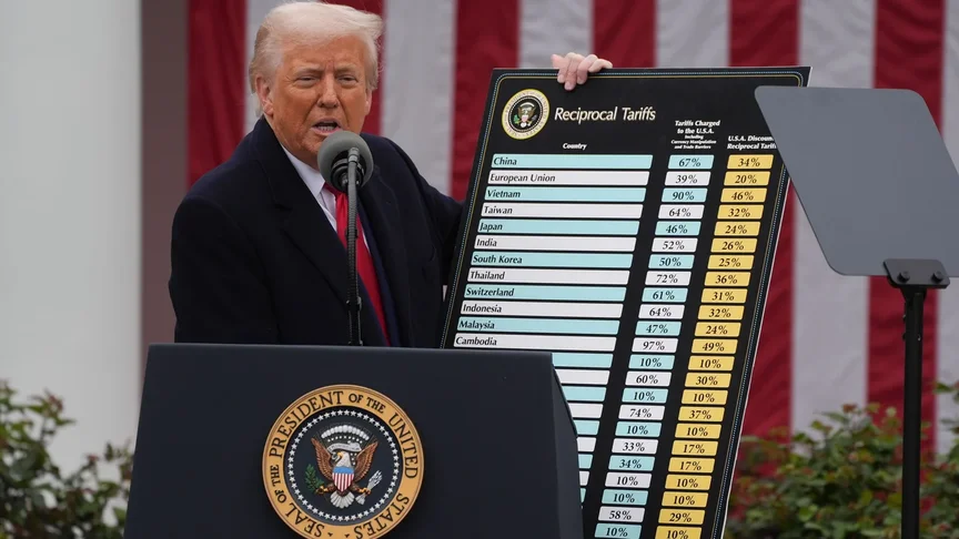 Президент Дональд Трамп оголошує план тарифів на імпортні товари в Рожевому саду Білого дому, 2 квітня 2025 року Президент Дональд Трамп оголошує план тарифів на імпортні товари в Рожевому саду Білого дому, 2 квітня 2025 року