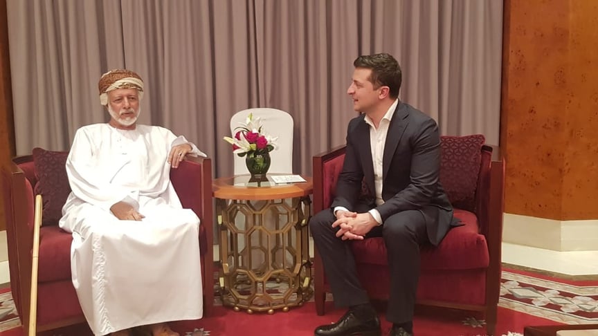 Ukrainian President Volodymyr Zelenskyy (R) and Sultanate of Oman's Minister Responsible for Foreign Affairs Yusuf bin Alawi bin Abdullah meet on January 5.
