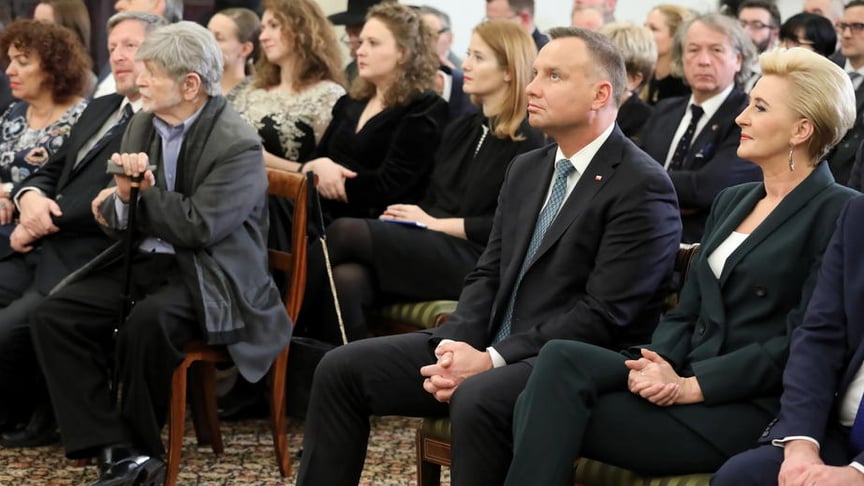 Israeli ambassador to Poland Aleksander Ben Cewi (2L), former Israeli ambassador to Poland Szewach Weiss (3L) and Polish President Andrzej Duda (2R), his wife Agata Kornhauser-Duda (R) during the New Year's meeting of, with representatives of the Jewish community, at the Presidential Palace in Warsaw, Poland on January 8.