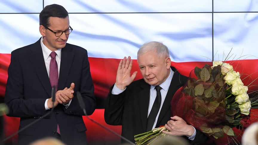 PiS leader Jarosław Kaczyński (right) and Prime Minister Mateusz Morawiecki at the Law and Justice party headquarters on election day, October 13, 2019, in Warsaw, Poland.