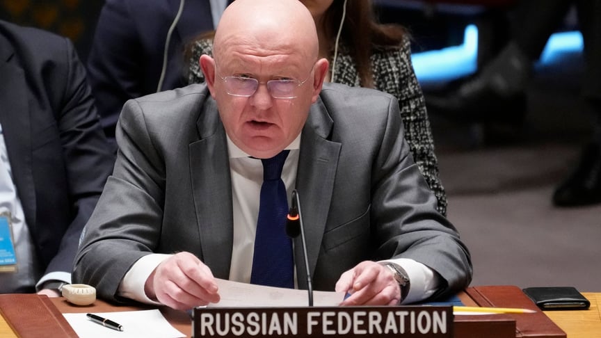 василь небензя, постійний представник росії при ООН, виступає під час засідання Ради Безпеки, 23 лютого 2023 року, у штаб-квартирі ООН