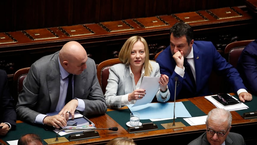 Ілюстративне фото.Міністр оборони Гвідо Крозетто (ліворуч), прем’єр-міністерка Італії Джорджія Мелоні та міністр інфраструктури та транспорту Маттео Сальвіні, Рим, 23 червня 2025 року