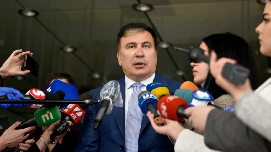 Ex-Georgian President and Odesa region governor Mikheil Saakashvili speaks to journalists on April 24.